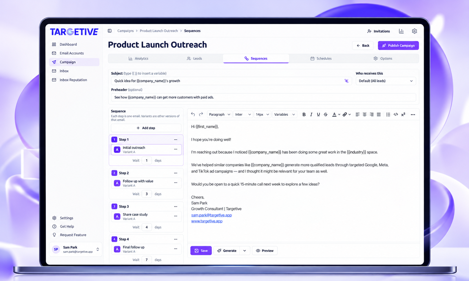 Targetive sequence editor with a four-step Product Launch Outreach sequence and a personalized email draft.