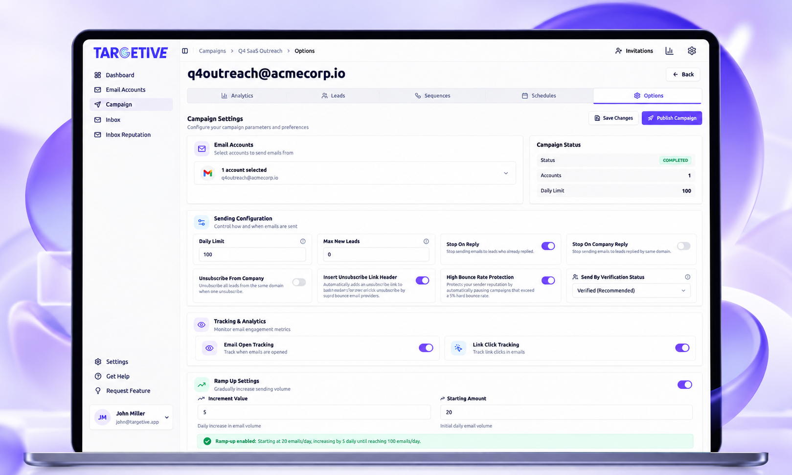 Campaign settings with a selected Gmail sending account, daily limit, and stop-on-reply controls.