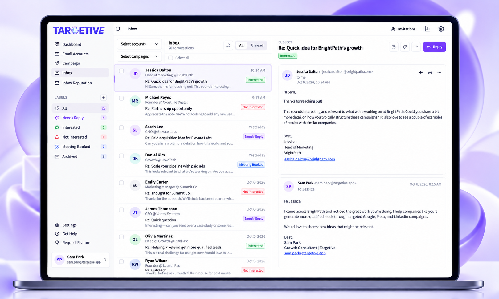 Targetive inbox with outreach conversations, interest labels, and an open thread with Jessica Dalton about a BrightPath campaign.